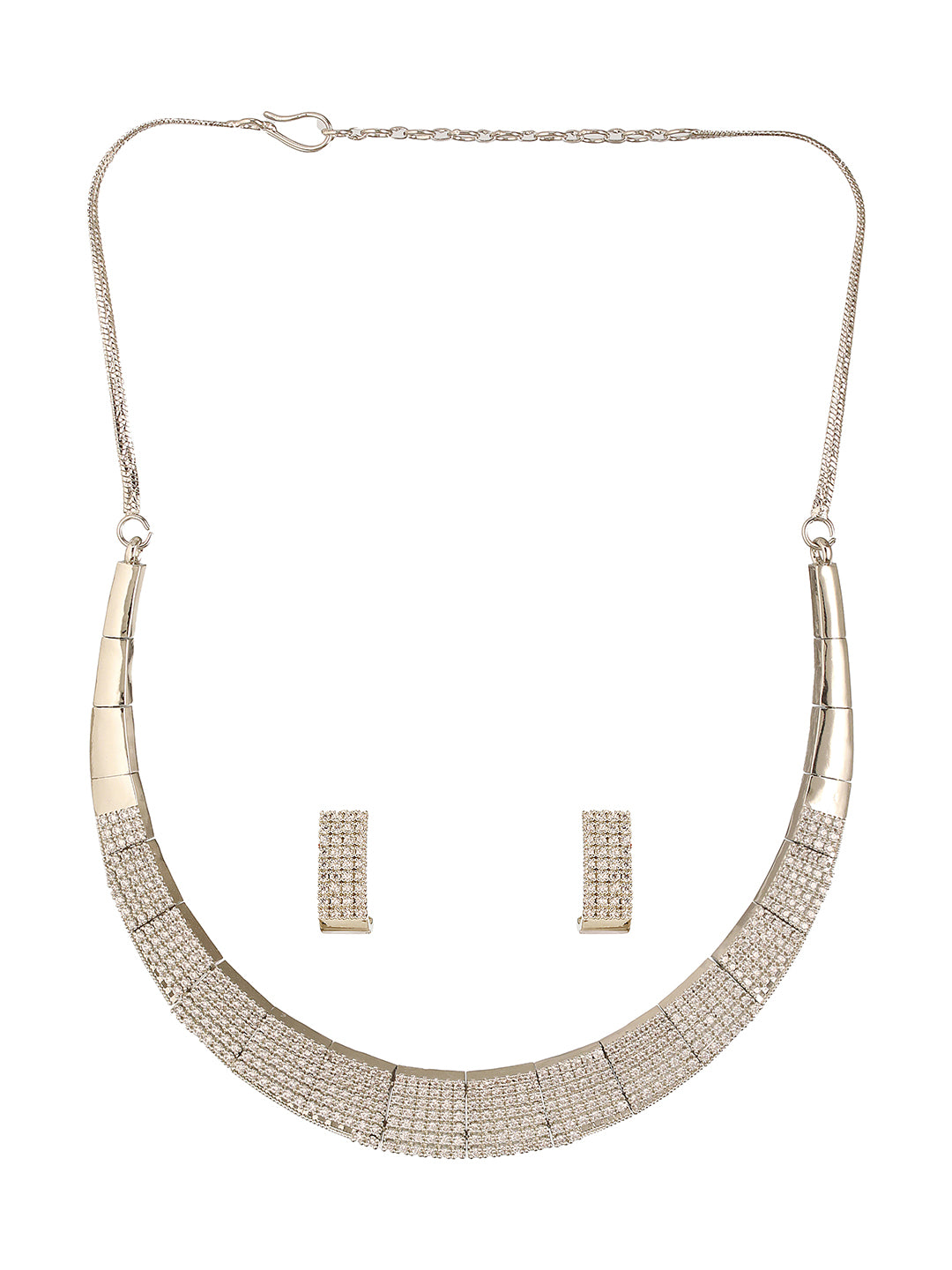 Silver Toned Zircon Studded Statement Collar Necklace Jewellery Set