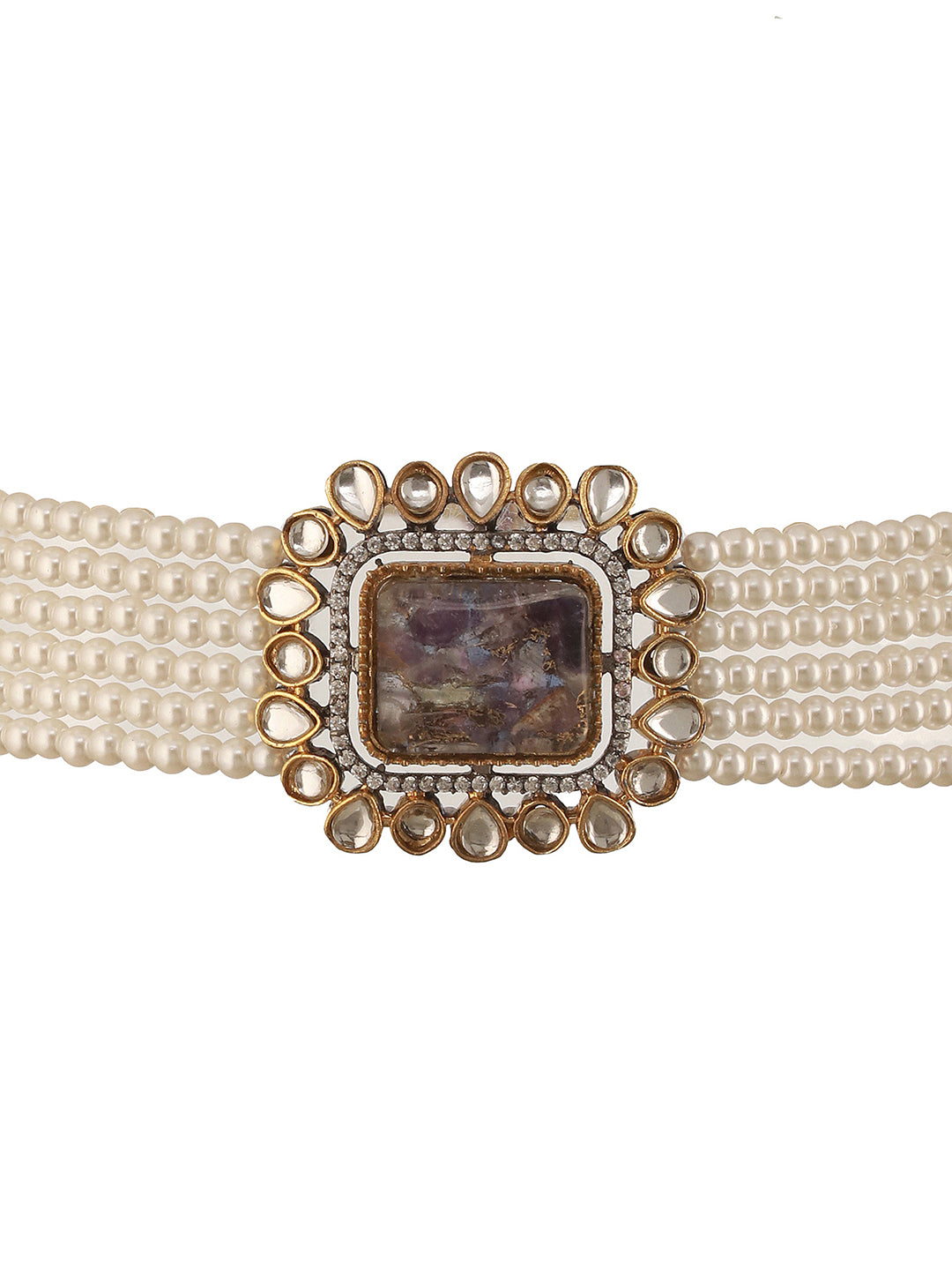 Gold Toned Amethyst Kundan Studded Layered Pearl Necklace Choker Jewellery Set