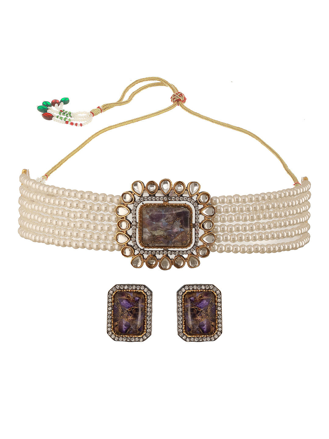 Gold Toned Amethyst Kundan Studded Layered Pearl Necklace Choker Jewellery Set