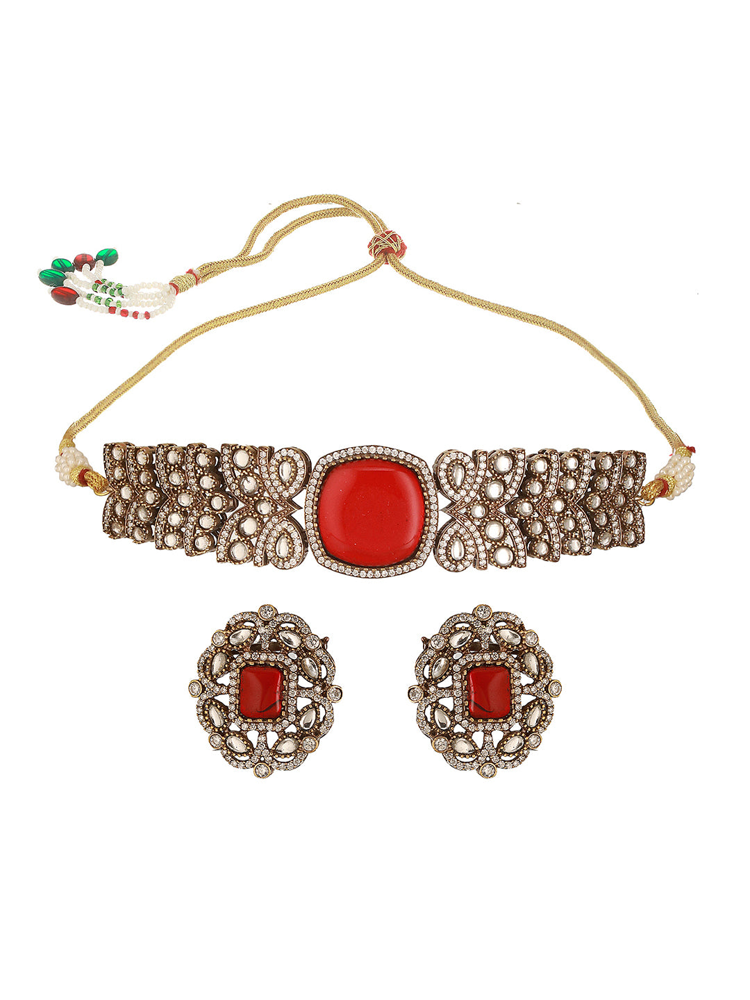 Gold  Toned Ruby Red Mossanite Kundan  Statement  Choker Jewellery Set