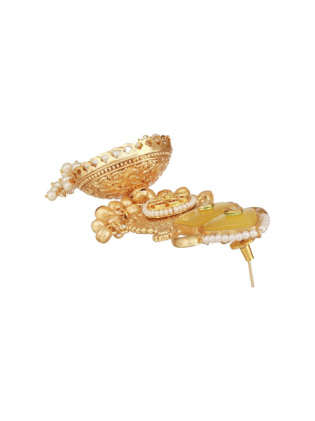 Gold Toned Yellow Stone & Kundan Lightweight Statement Large Jhumka Earrings