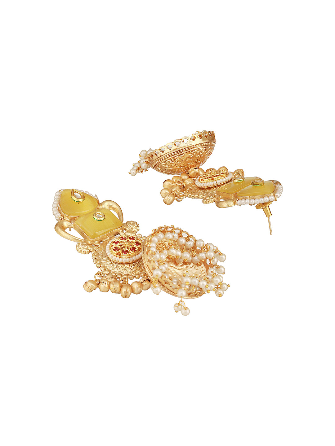 Gold Toned Yellow Stone & Kundan Lightweight Statement Large Jhumka Earrings