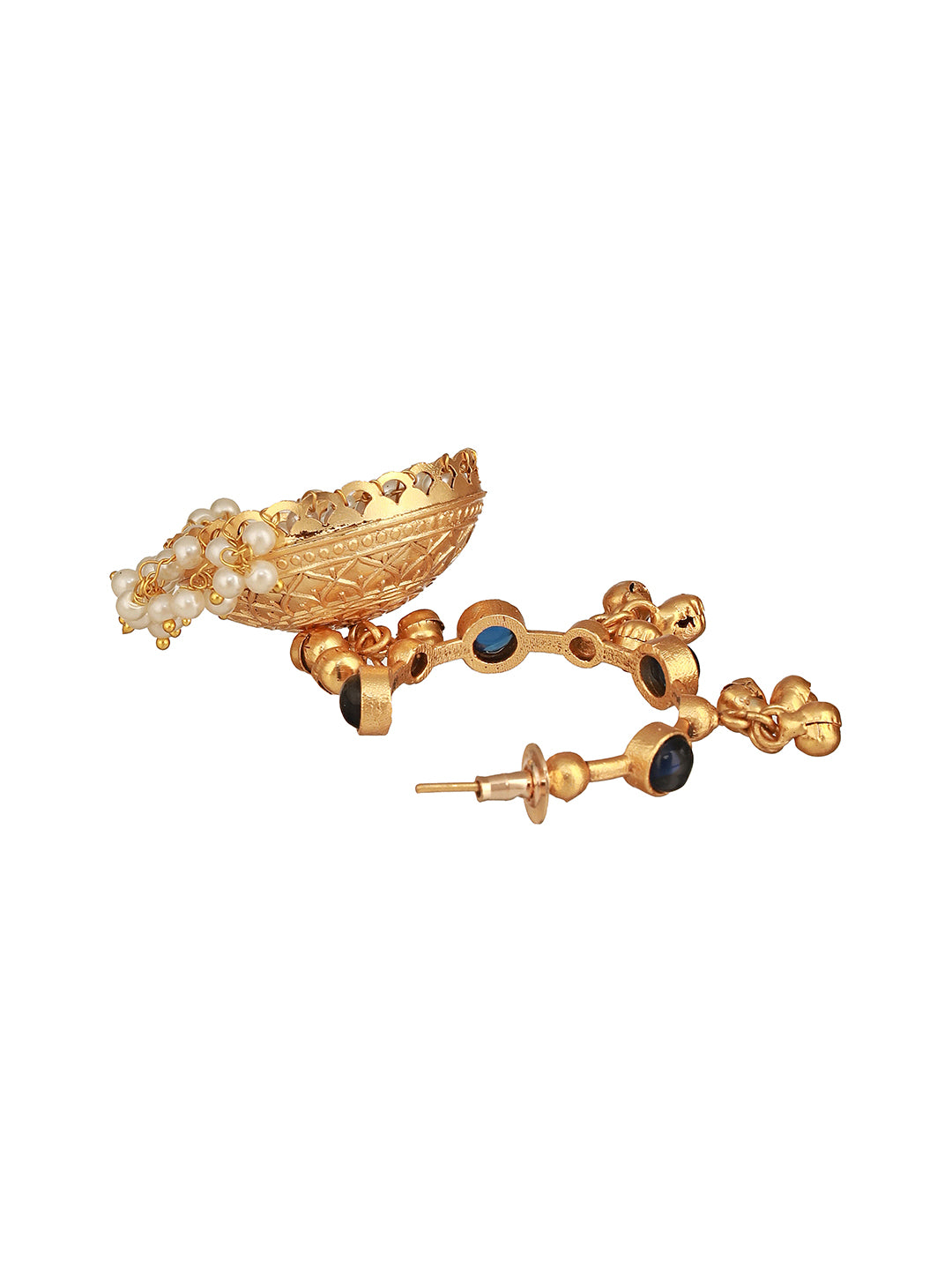 Gold Toned Blue Stone Studded Statement Ghungroo Hoop Jhumka Earrings