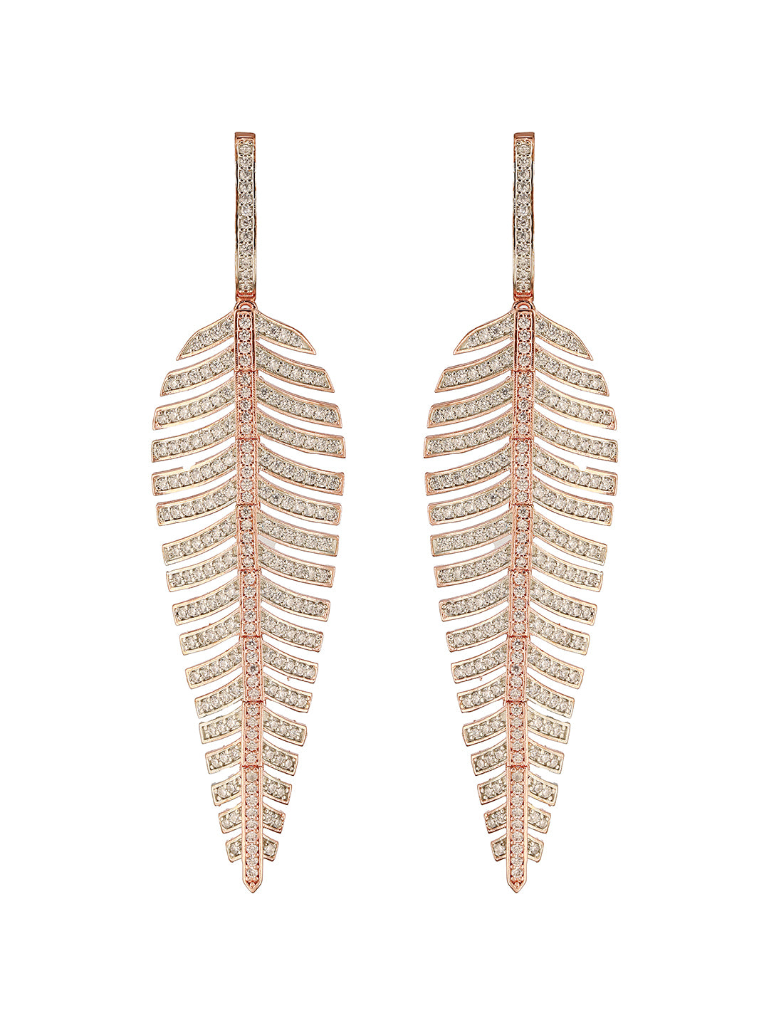 Rose Gold Toned White Zircon studded Statement Feather Dangling Earrings