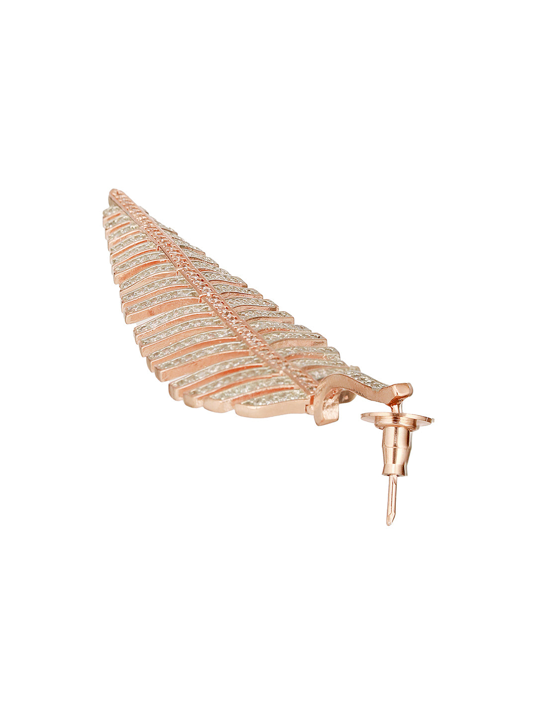 Rose Gold Toned White Zircon studded Statement Feather Dangling Earrings