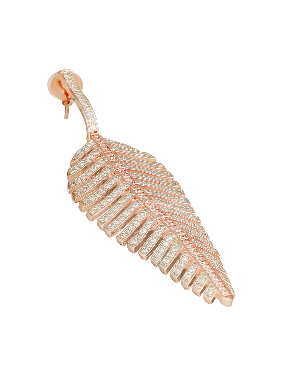 Rose Gold Toned White Zircon studded Statement Feather Dangling Earrings