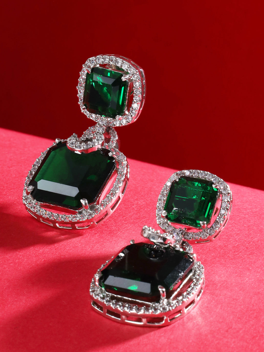 Silver  Toned  Royal Green AD Studded Statement Earrings for Women & Girls