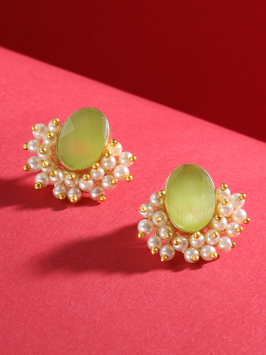 Gold Plated Green Stone & Pearl Beaded Earrings