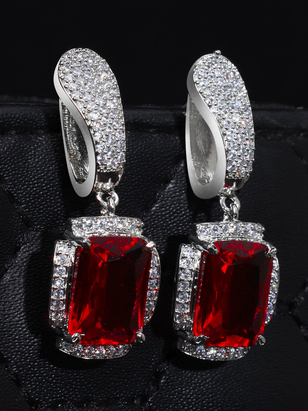 Silver-Plated Red AD studded Statement Hoop Earrings