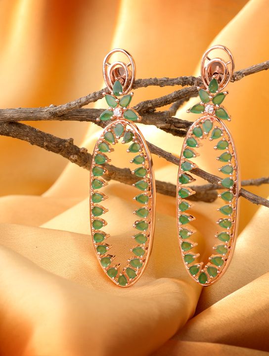 Rose Gold plated Green AD studded handcrafted Dangler Earring for Women and Girls
