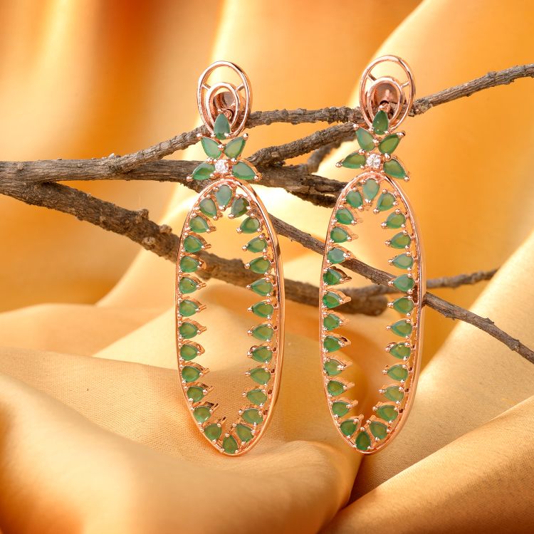 Rose Gold plated Green AD studded handcrafted Dangler Earring for Women and Girls