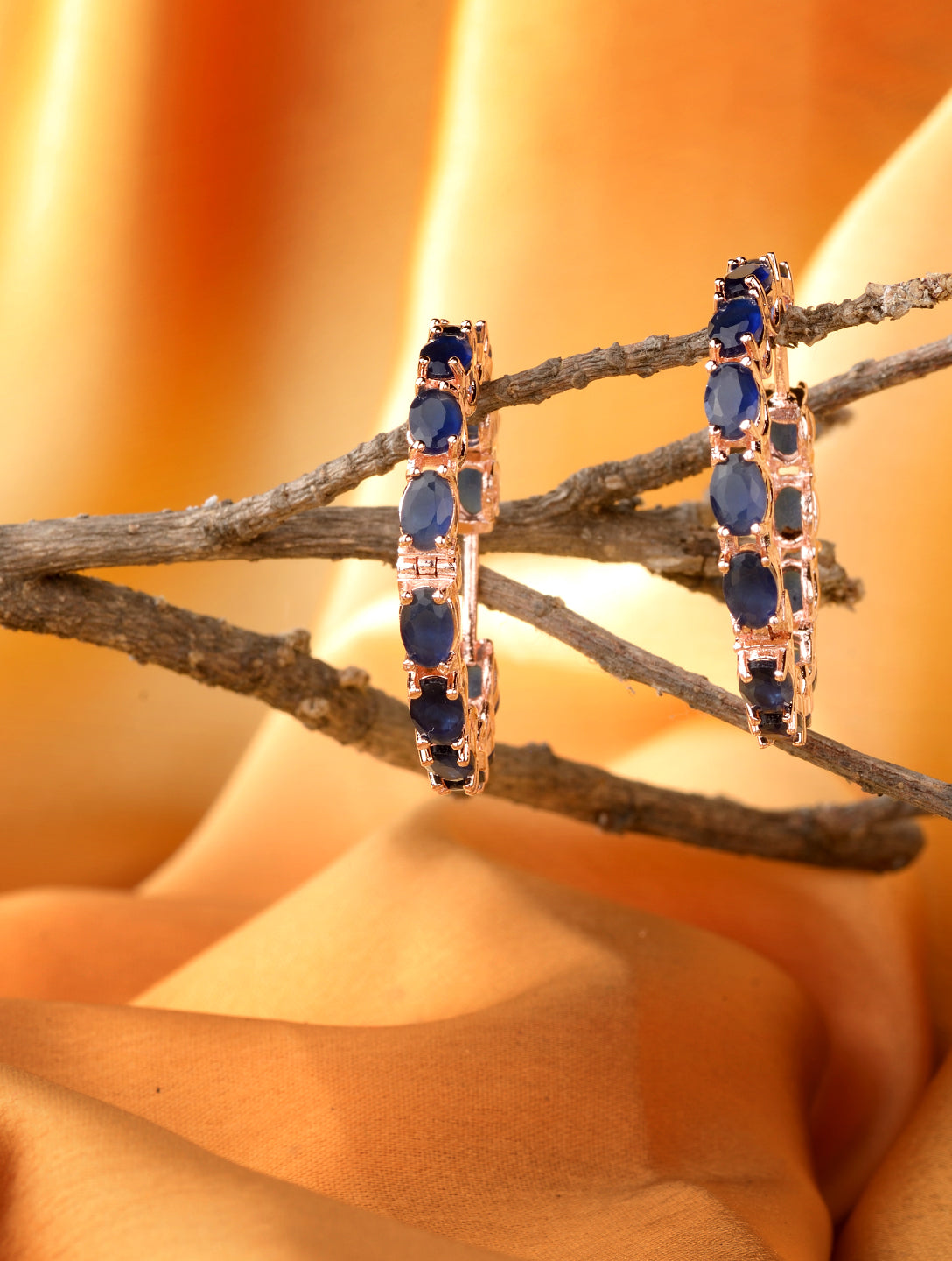 Sapphire studded Hoops Rose Gold Plated Blue Round Big Earrings
