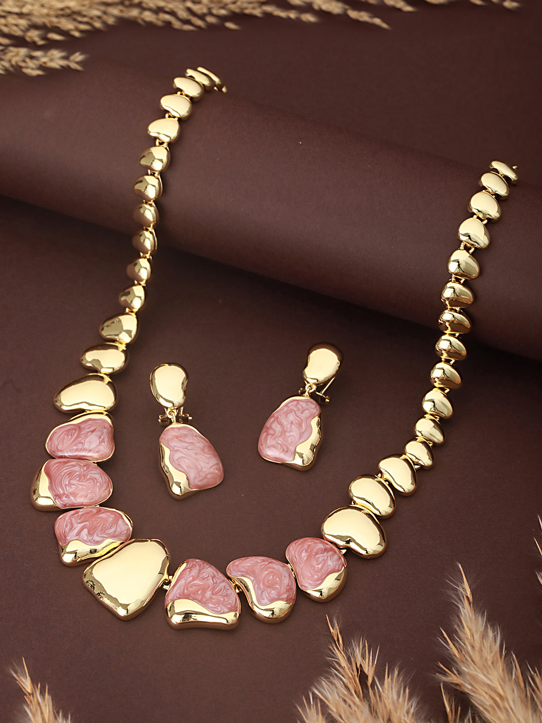 Anti-Tarnish Gold Plated Pink Enamelled Minimal Luxe Jewellery Set