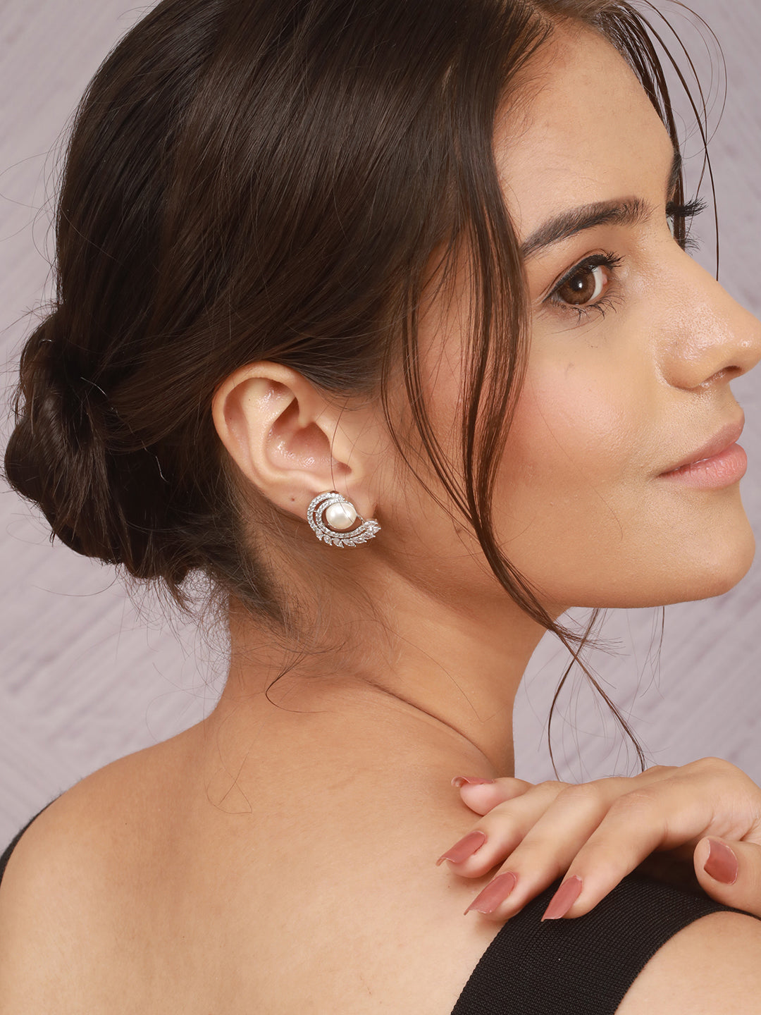 925 Sterling Silver Rhodium Plated Pearl Studds Earrings