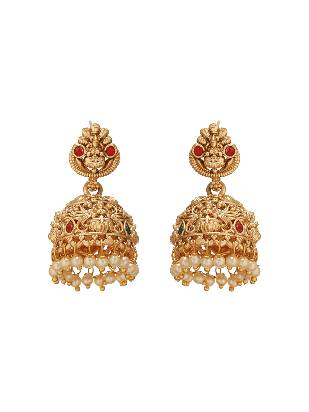 Gold Finish Red  Kempo Studded Nagas GoddessLakshi  Design Temple  Jhumka Earrings