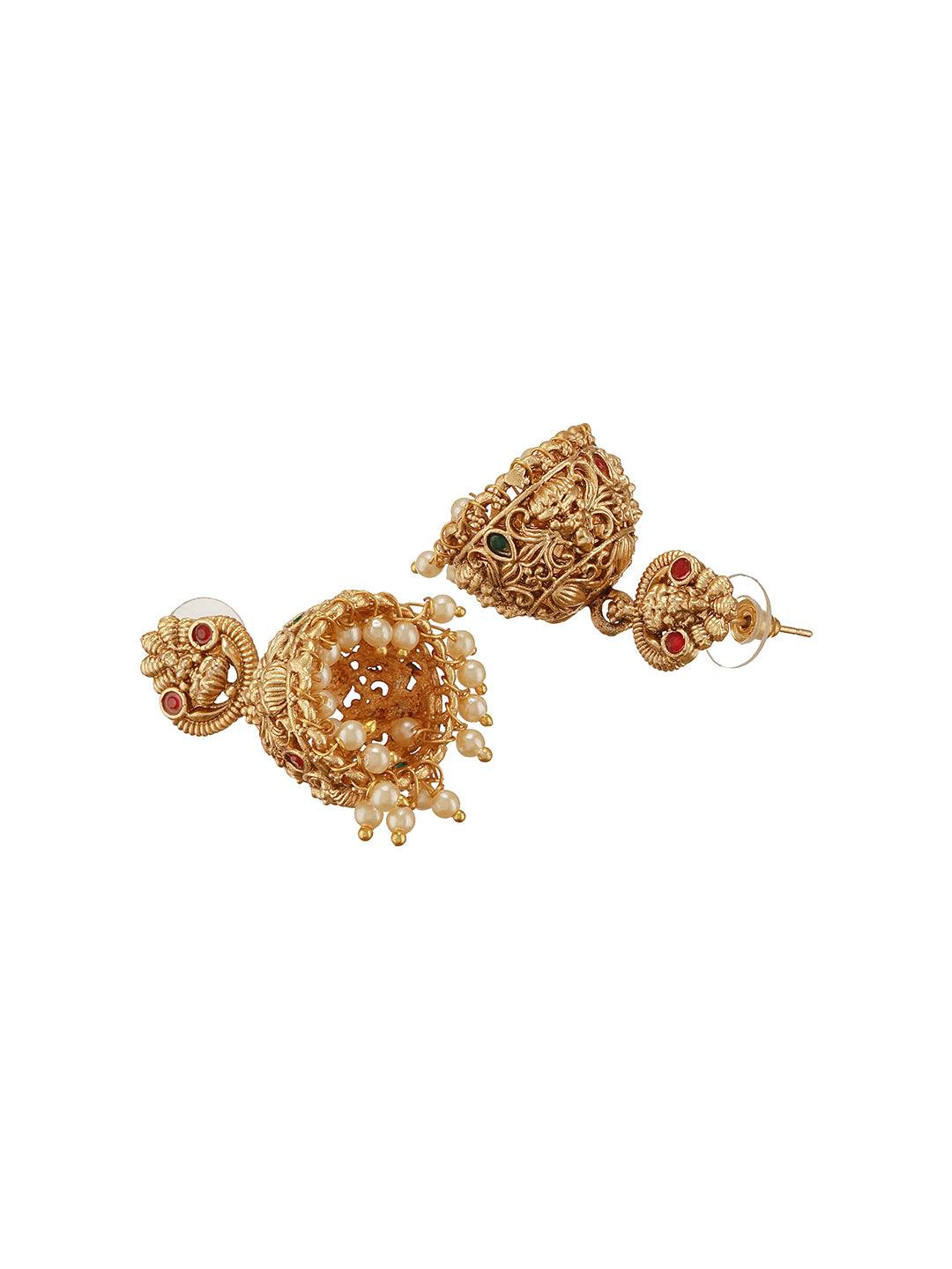 Gold Finish Red  Kempo Studded Nagas GoddessLakshi  Design Temple  Jhumka Earrings