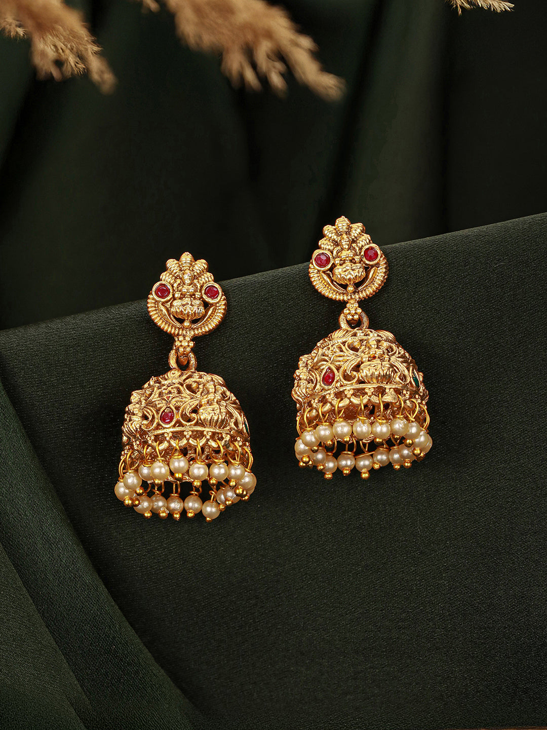 Gold Finish Red  Kempo Studded Nagas GoddessLakshi  Design Temple  Jhumka Earrings