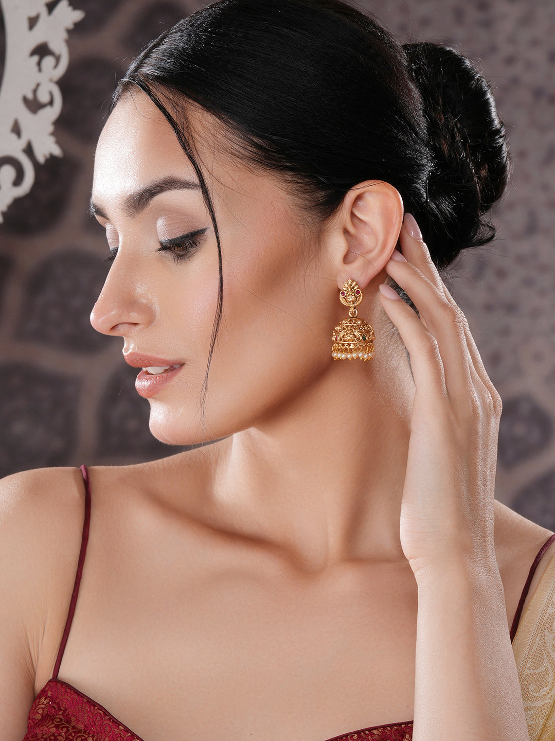 Gold Finish Red  Kempo Studded Nagas GoddessLakshi  Design Temple  Jhumka Earrings