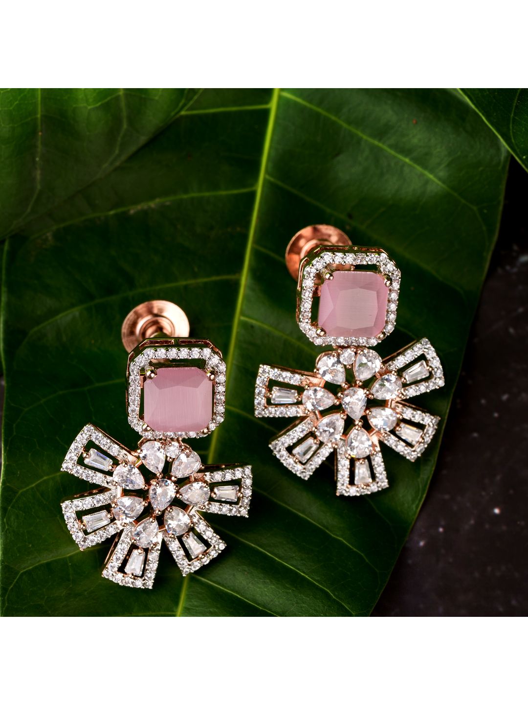 Exquisite Rose Quartz Floral design pink earrings Rose gold plated AD studded