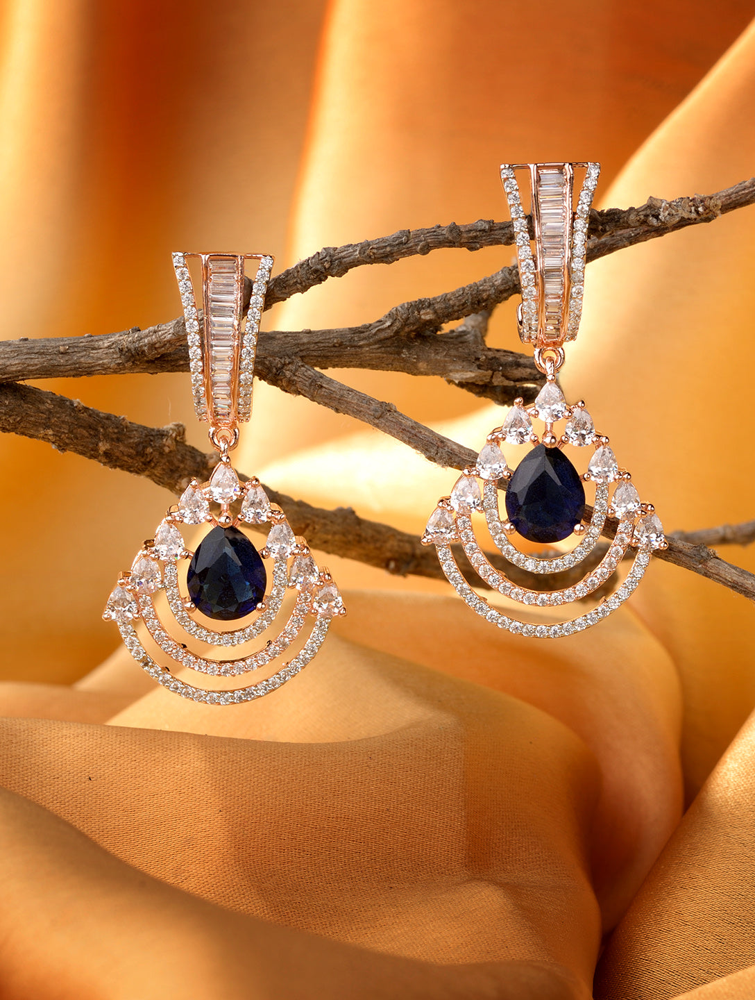 Modern Sapphire danglers Blue drop earrings AD studded Rose gold plated