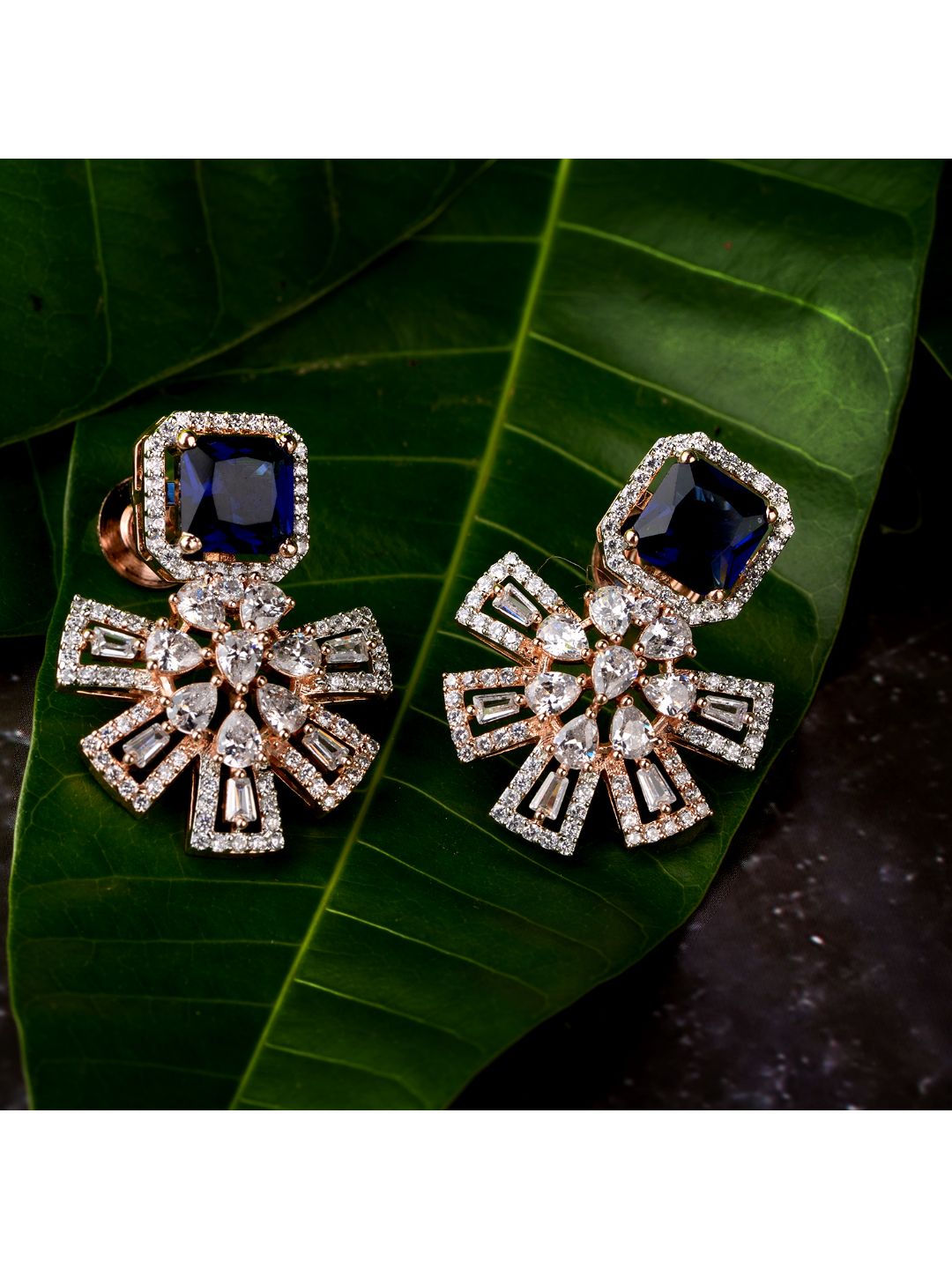 Exquisite Sapphire Floral design blue earrings Rose gold plated AD studded