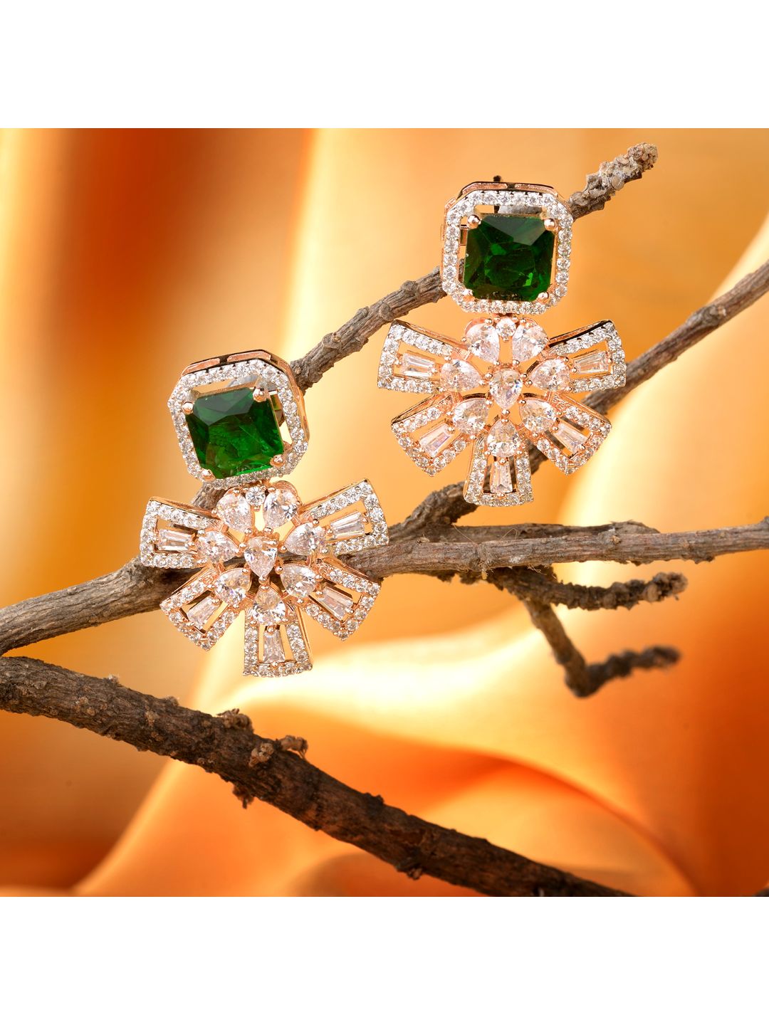 Exquisite Emerald Floral design green earrings Rose gold plated AD studded