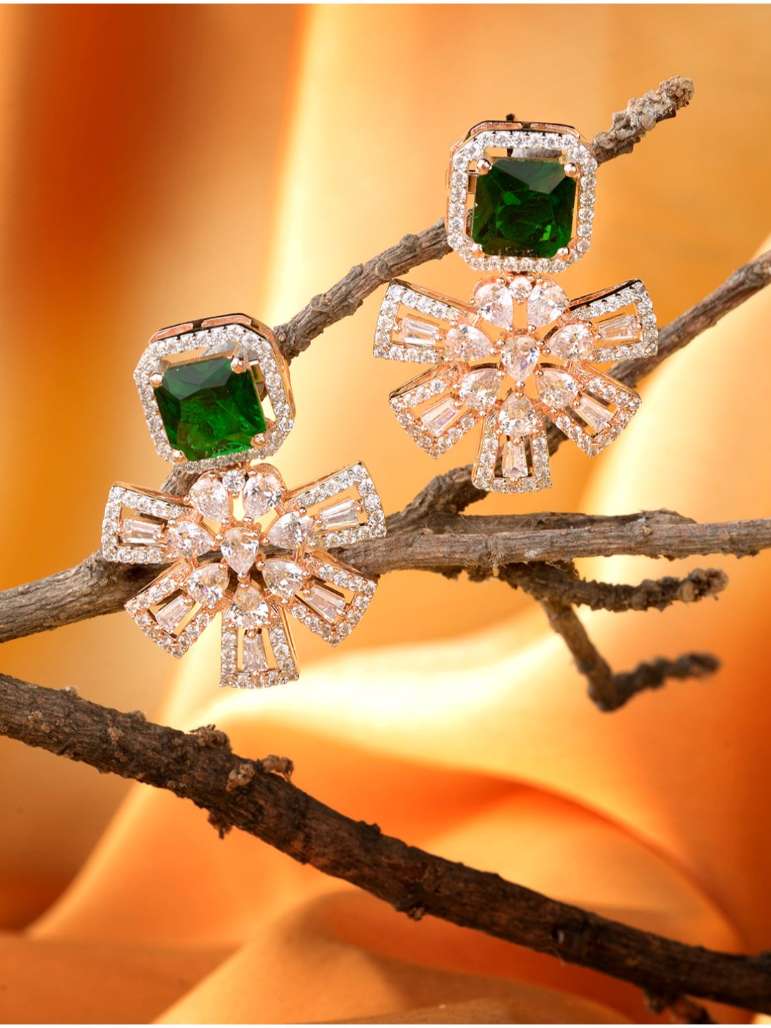 Exquisite Emerald Floral design green earrings Rose gold plated AD studded