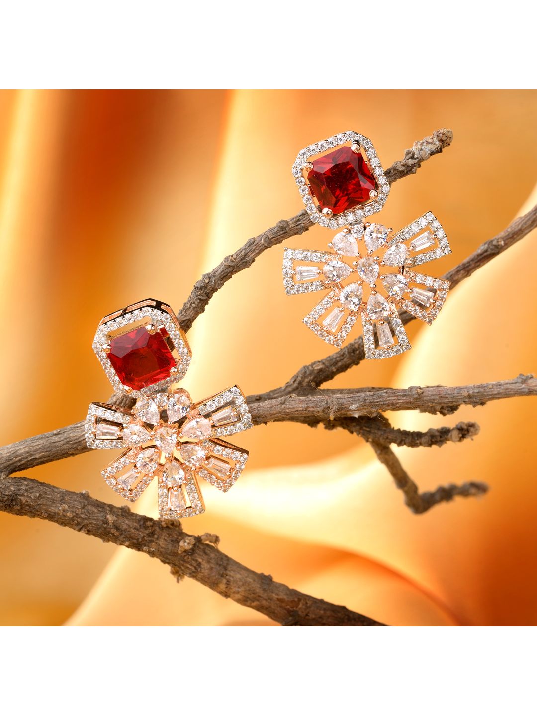 Exquisite Ruby Floral design red earrings Rose gold plated AD studded