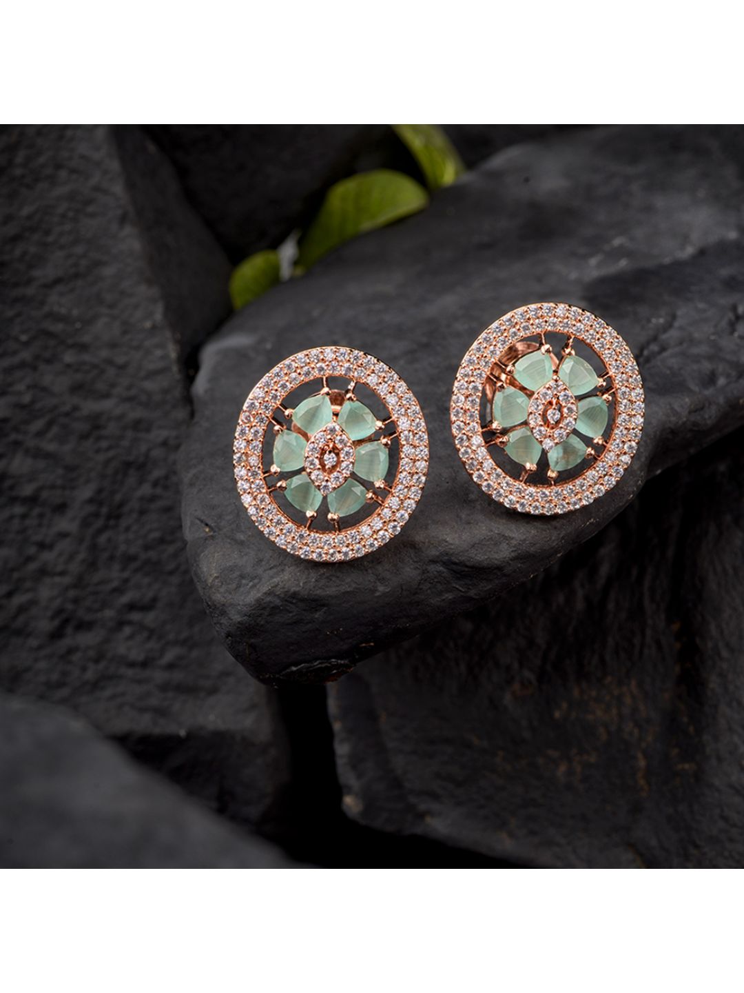 Floral Design Turquoise Studs Light Blue Tops AD Rose gold plated small earrings