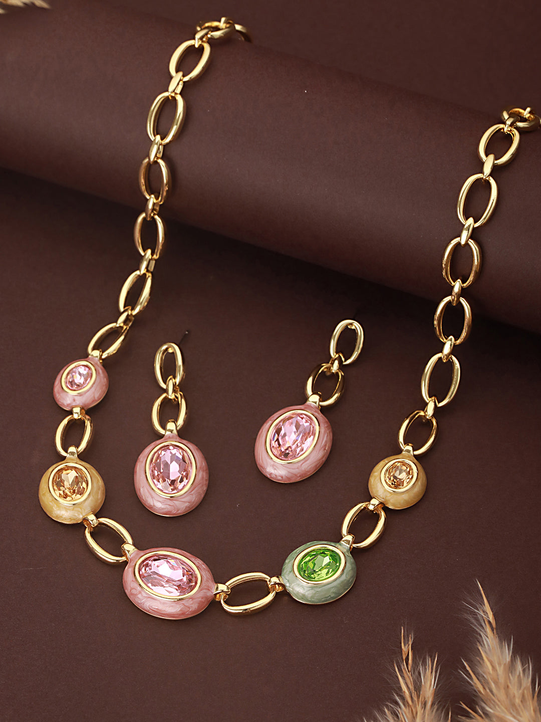 Anti-Tarnish Gold Plated Crystal Studded Link Chain Necklace jewellery Set