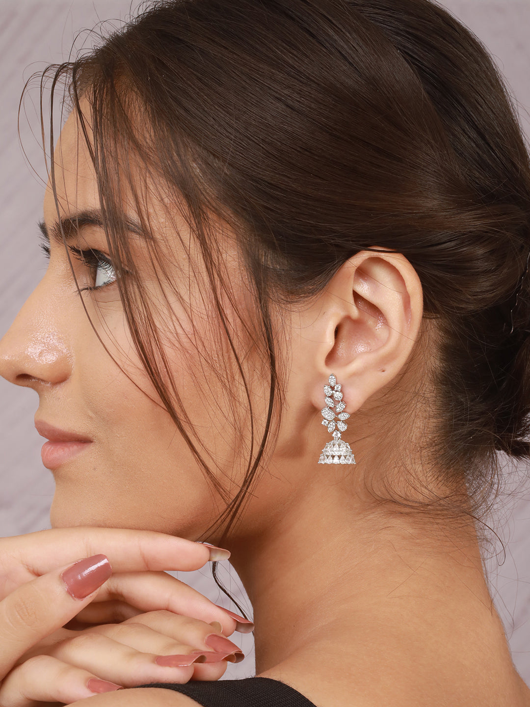 925 Sterling Silver Cubic Zirconia Leafy Jhumka Earrings