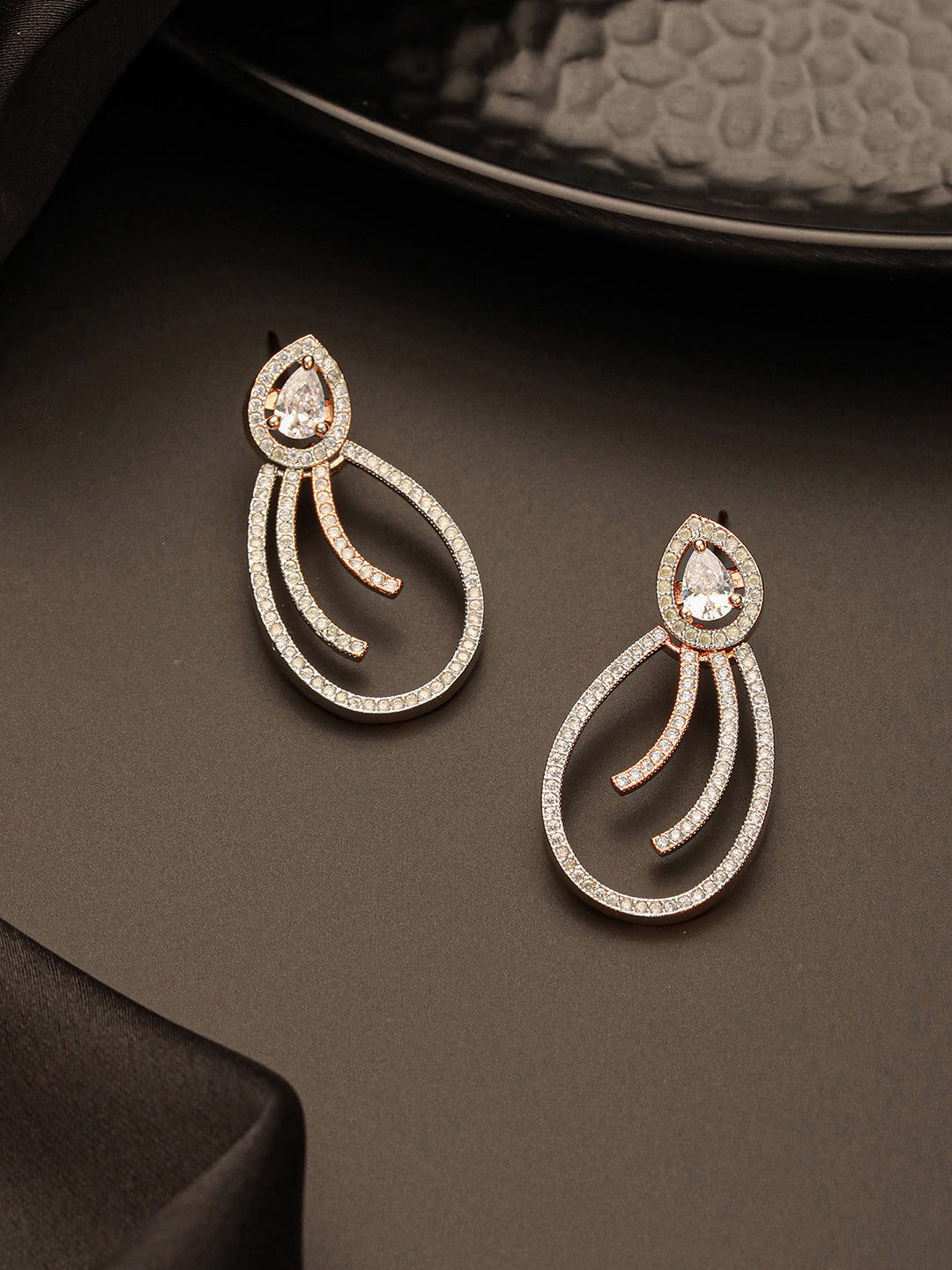Rose Gold Plated AD Studded Pear Shaped Drop Earrings