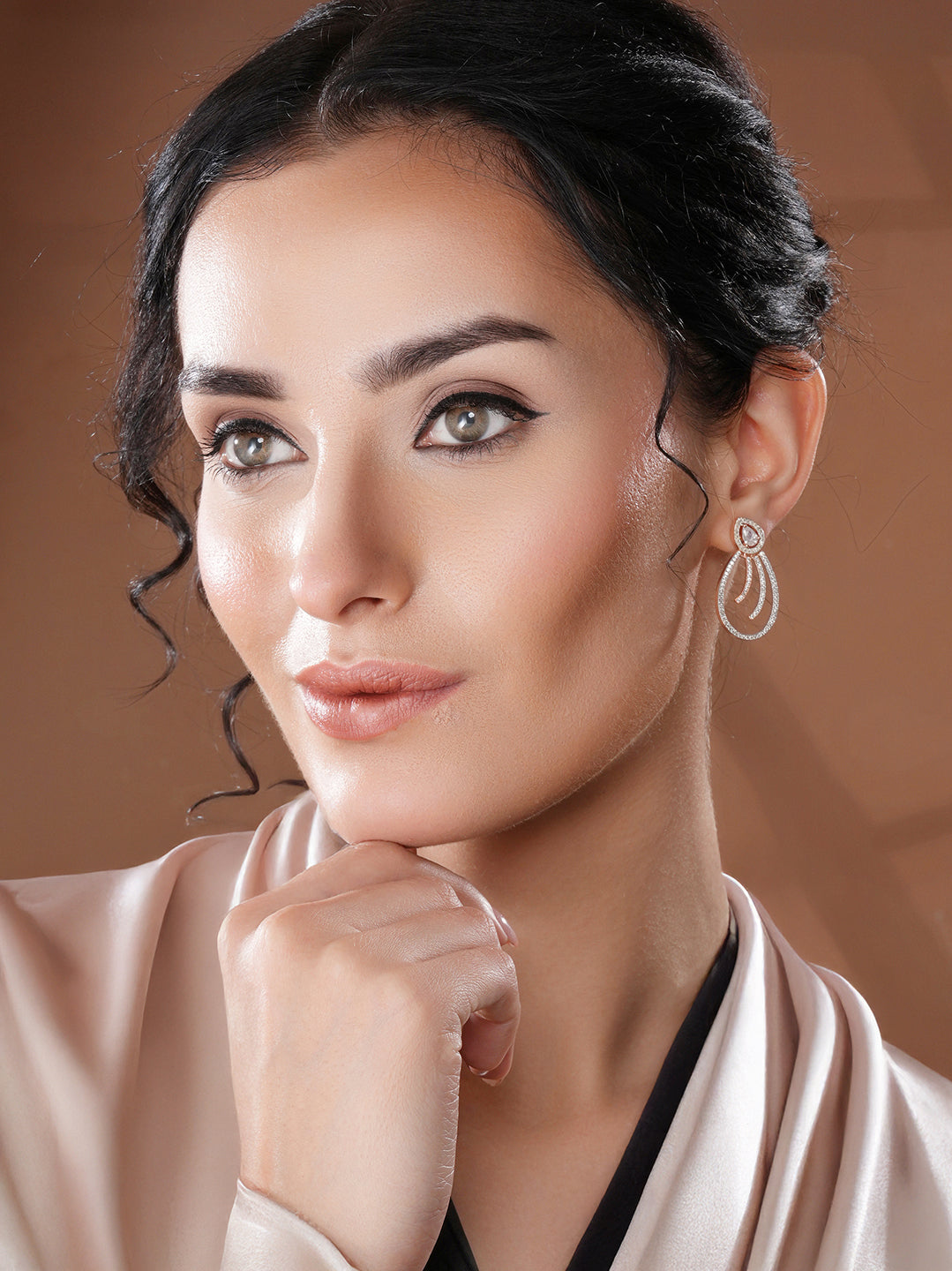 Rose Gold Plated AD Studded Pear Shaped Drop Earrings