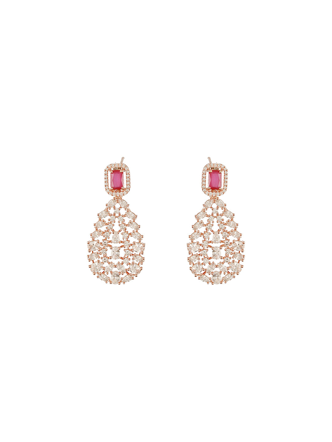 Rose Gold Plated Ruby Red AD Studded Luxe Drop Earrings