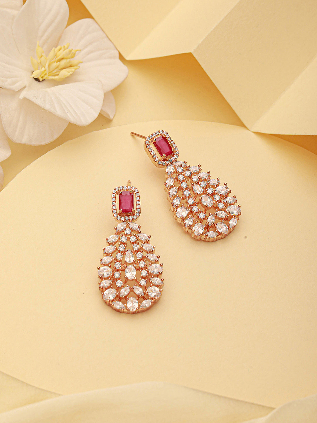 Rose Gold Plated Ruby Red AD Studded Luxe Drop Earrings