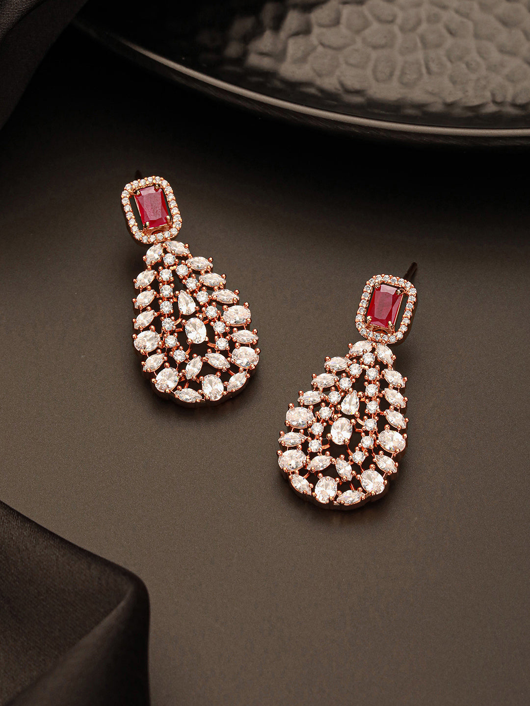 Rose Gold Plated Ruby Red AD Studded Luxe Drop Earrings