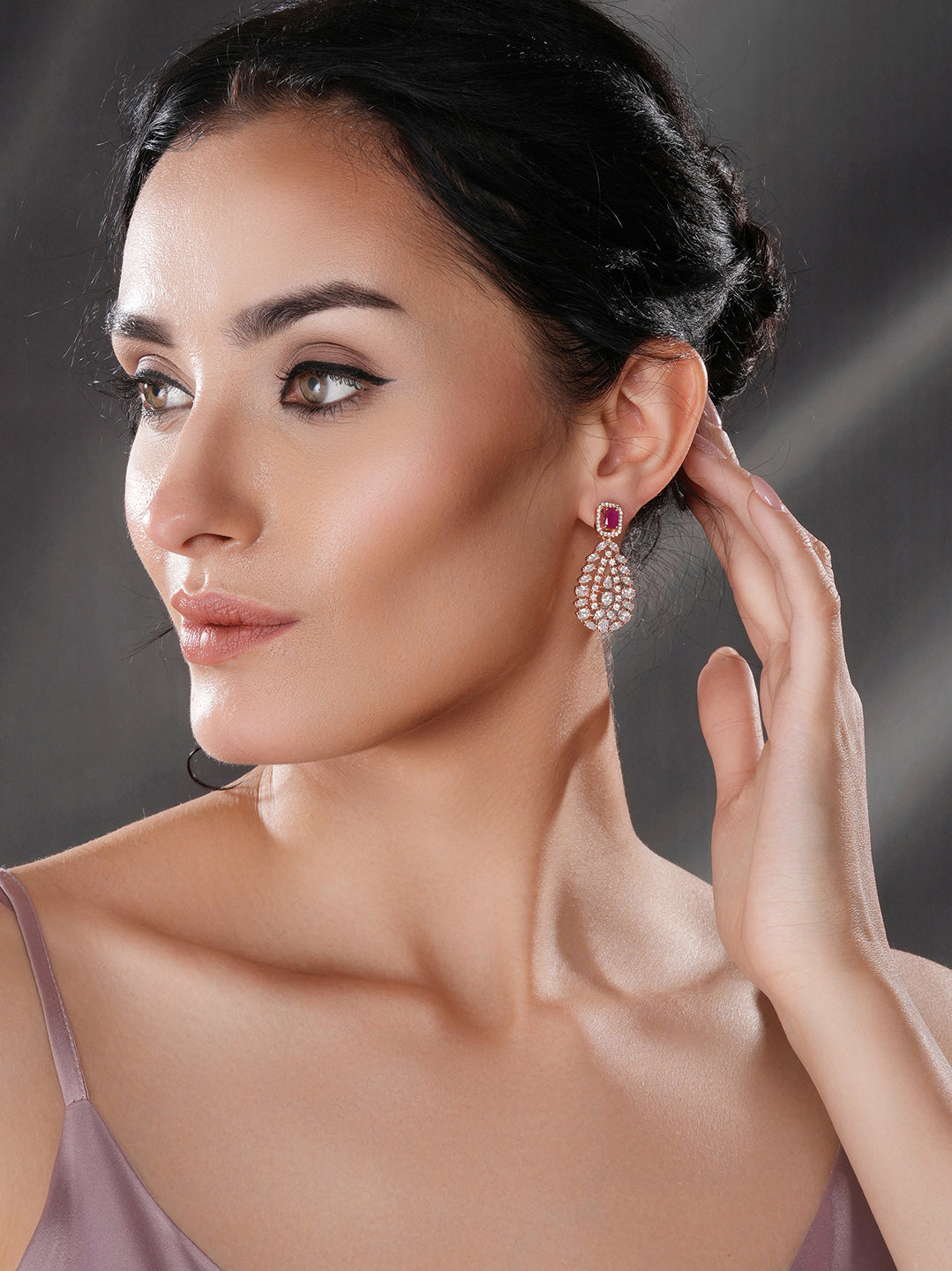 Rose Gold Plated Ruby Red AD Studded Luxe Drop Earrings