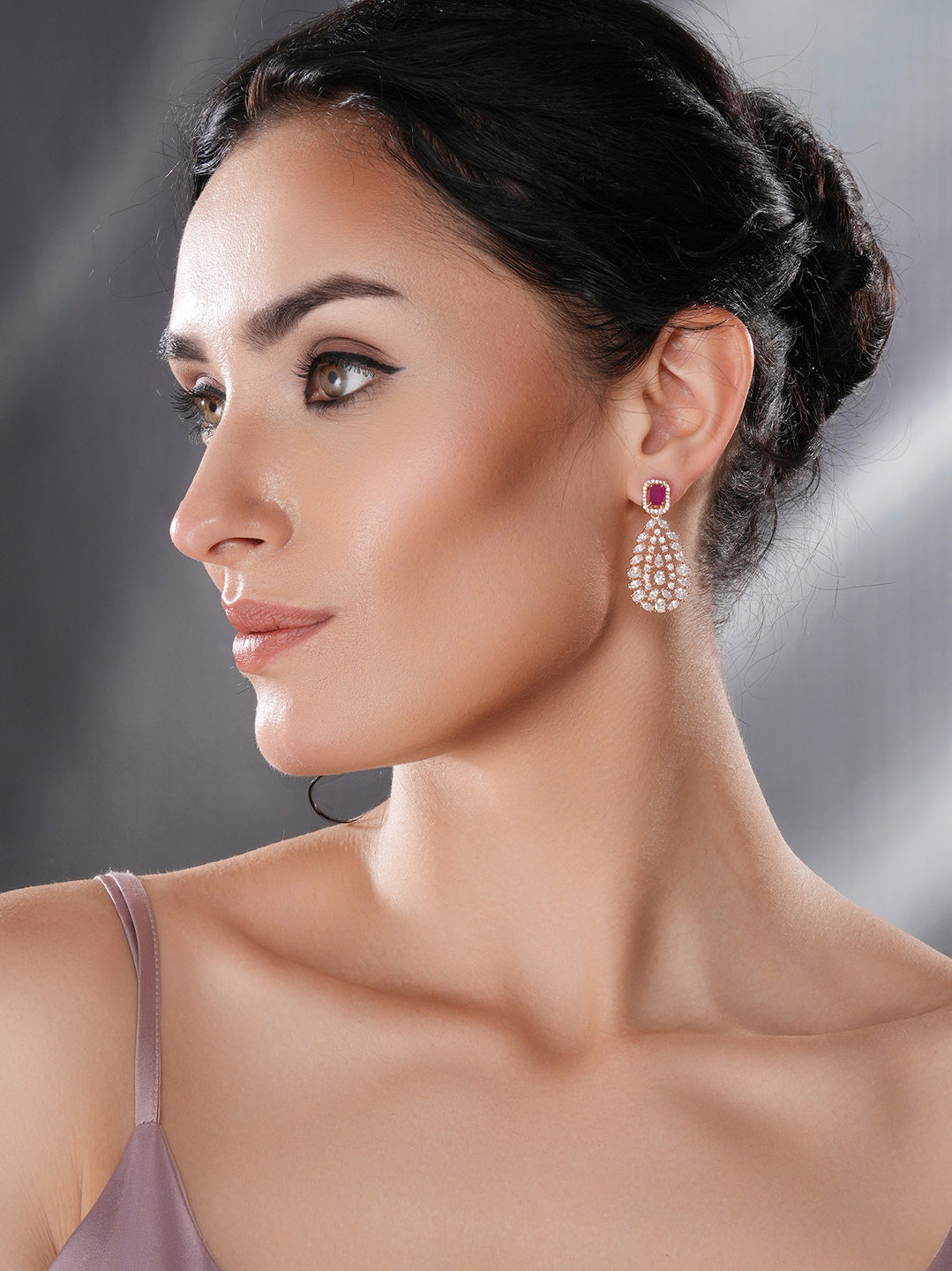 Rose Gold Plated Ruby Red AD Studded Luxe Drop Earrings