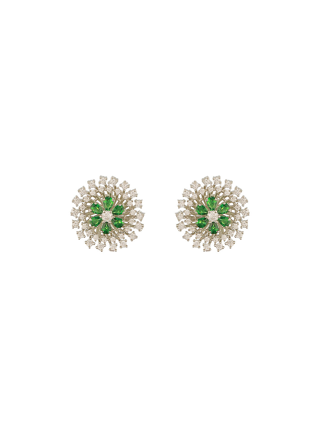 White Rhodium Green Emerald  Studded Floral Design Solar Statement Studds Earrings