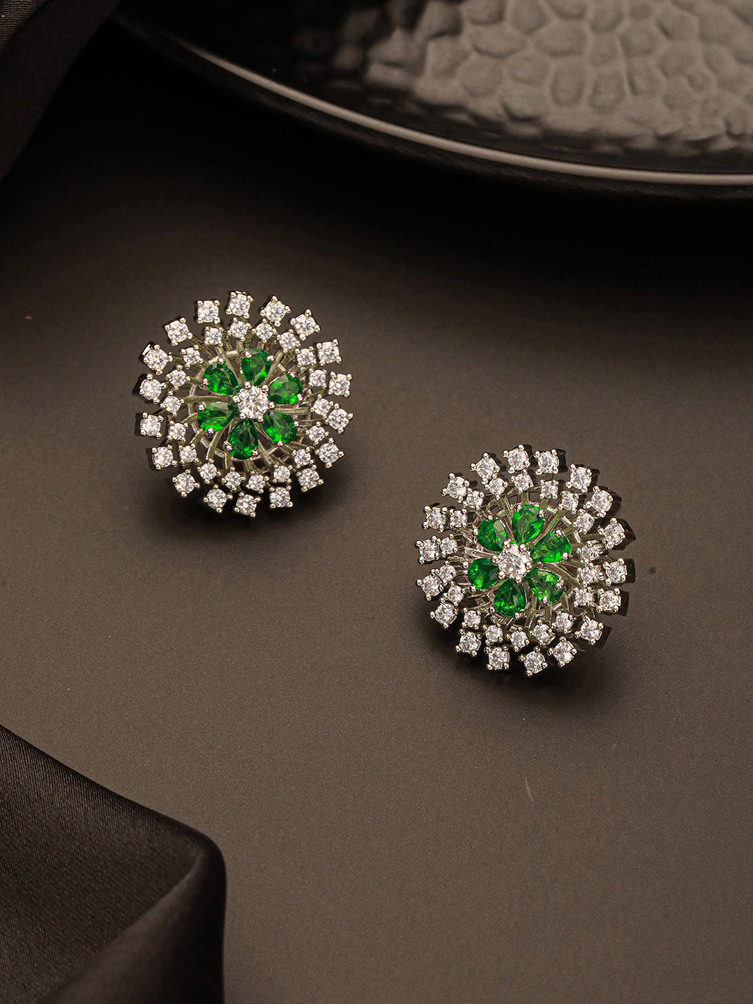 White Rhodium Green Emerald  Studded Floral Design Solar Statement Studds Earrings