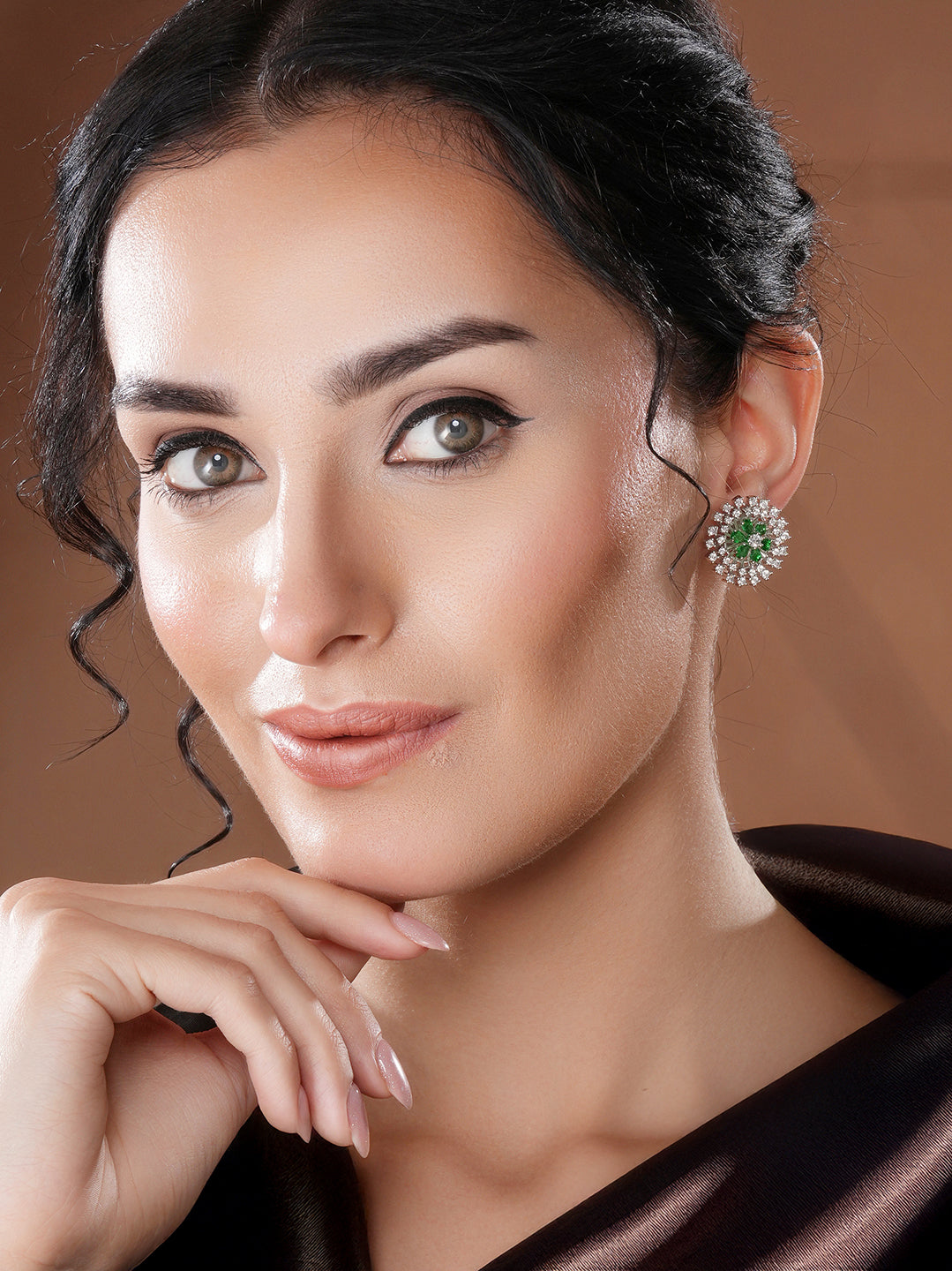 White Rhodium Green Emerald  Studded Floral Design Solar Statement Studds Earrings