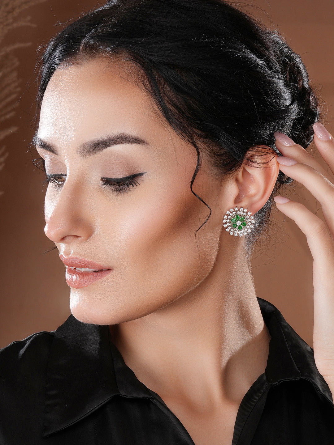 White Rhodium Green Emerald  Studded Floral Design Solar Statement Studds Earrings