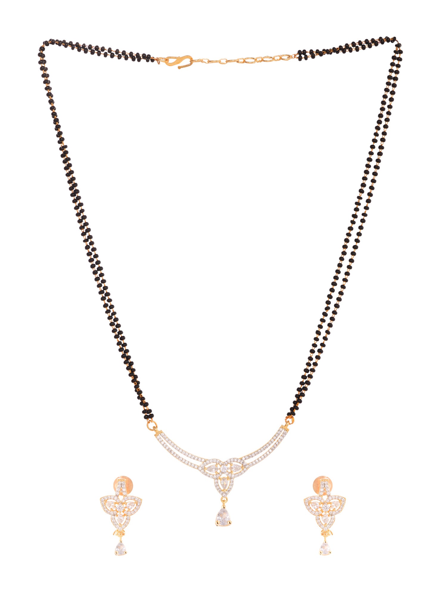 Gold Plated Black & White AD Studded & Beaded Mangalsutra Earrings