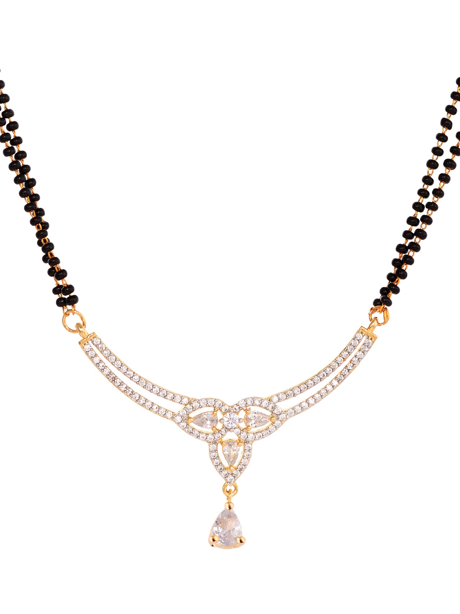 Gold Plated Black & White AD Studded & Beaded Mangalsutra Earrings