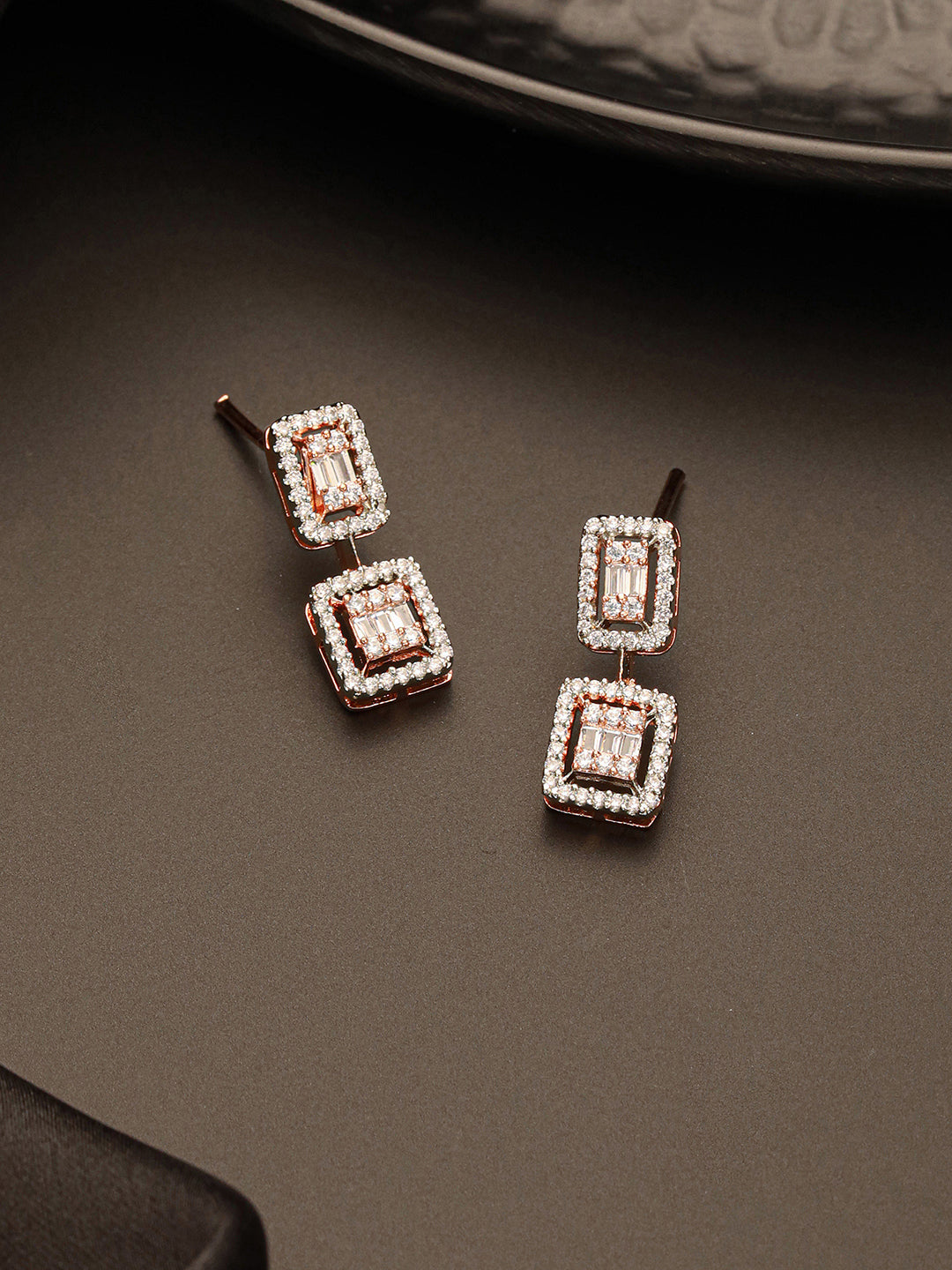 Rose Gold Plated Zircon Studded Classic Minimal Geometric Drop Earrings