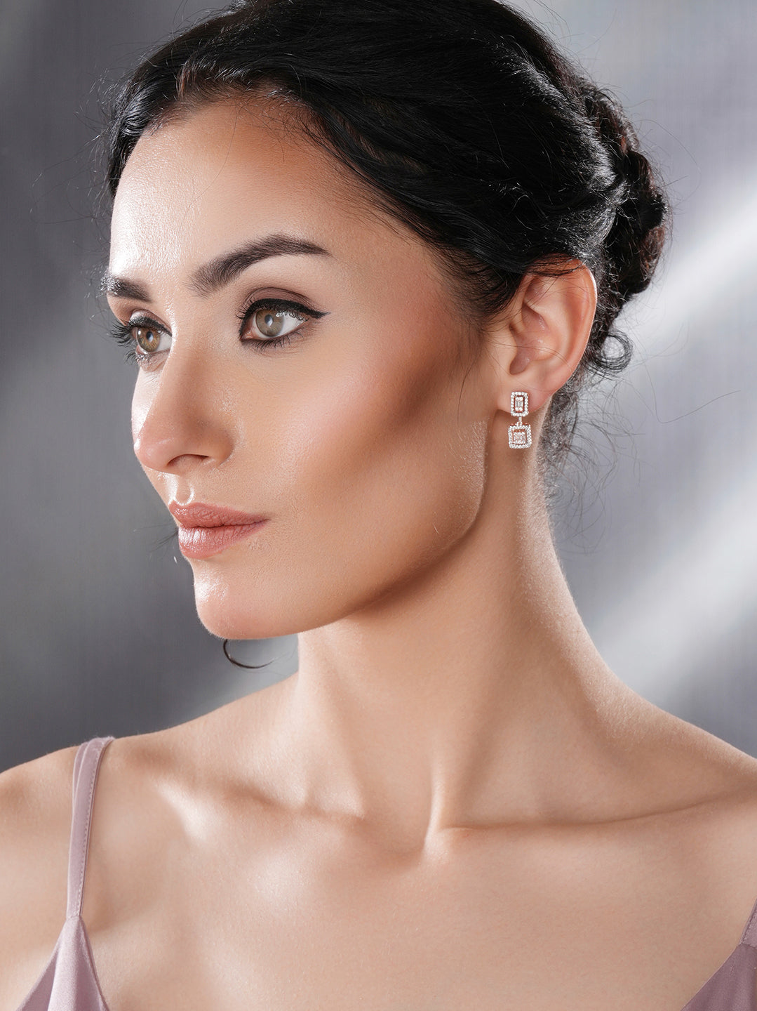 Rose Gold Plated Zircon Studded Classic Minimal Geometric Drop Earrings