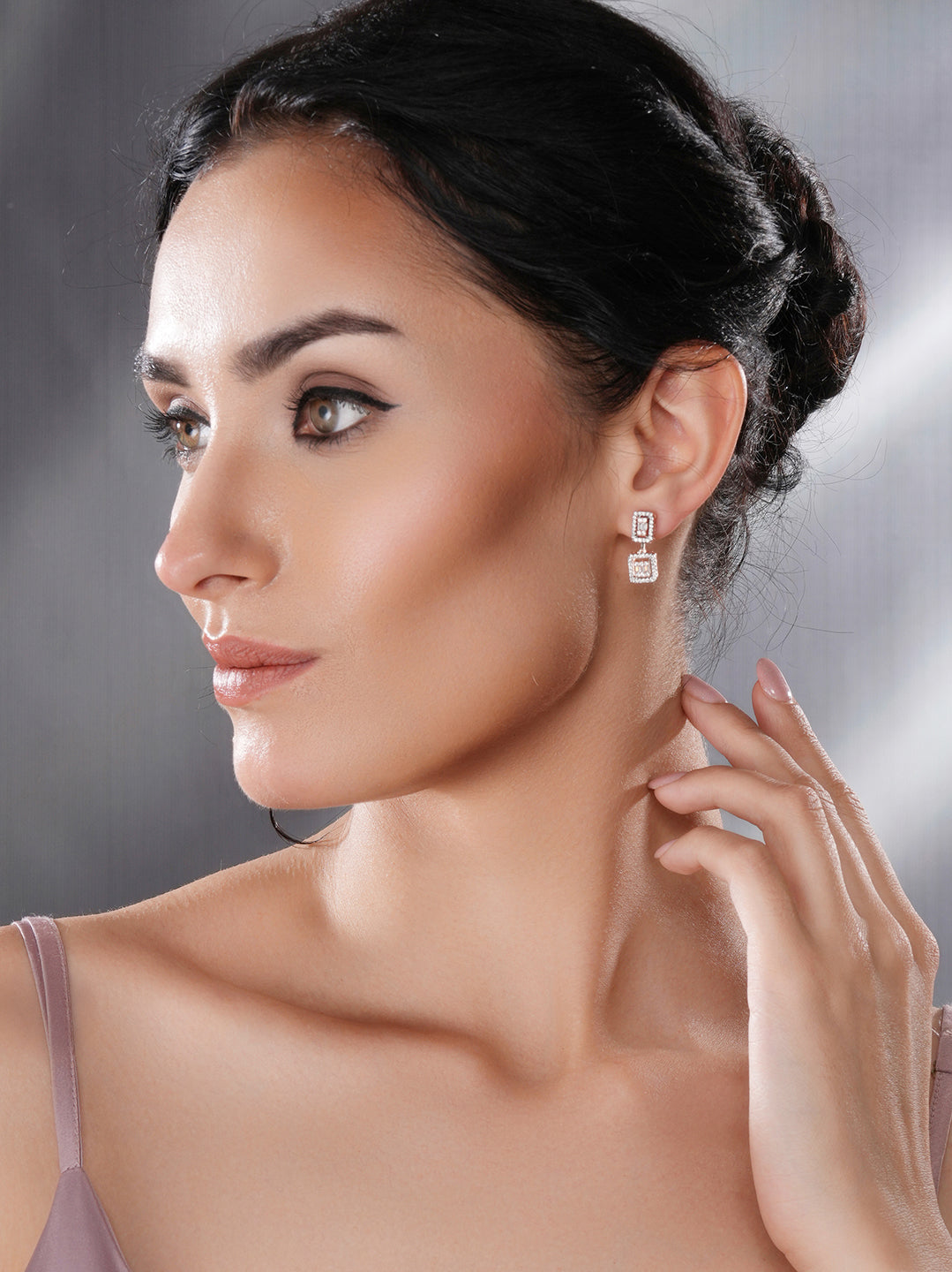 Rose Gold Plated Zircon Studded Classic Minimal Geometric Drop Earrings