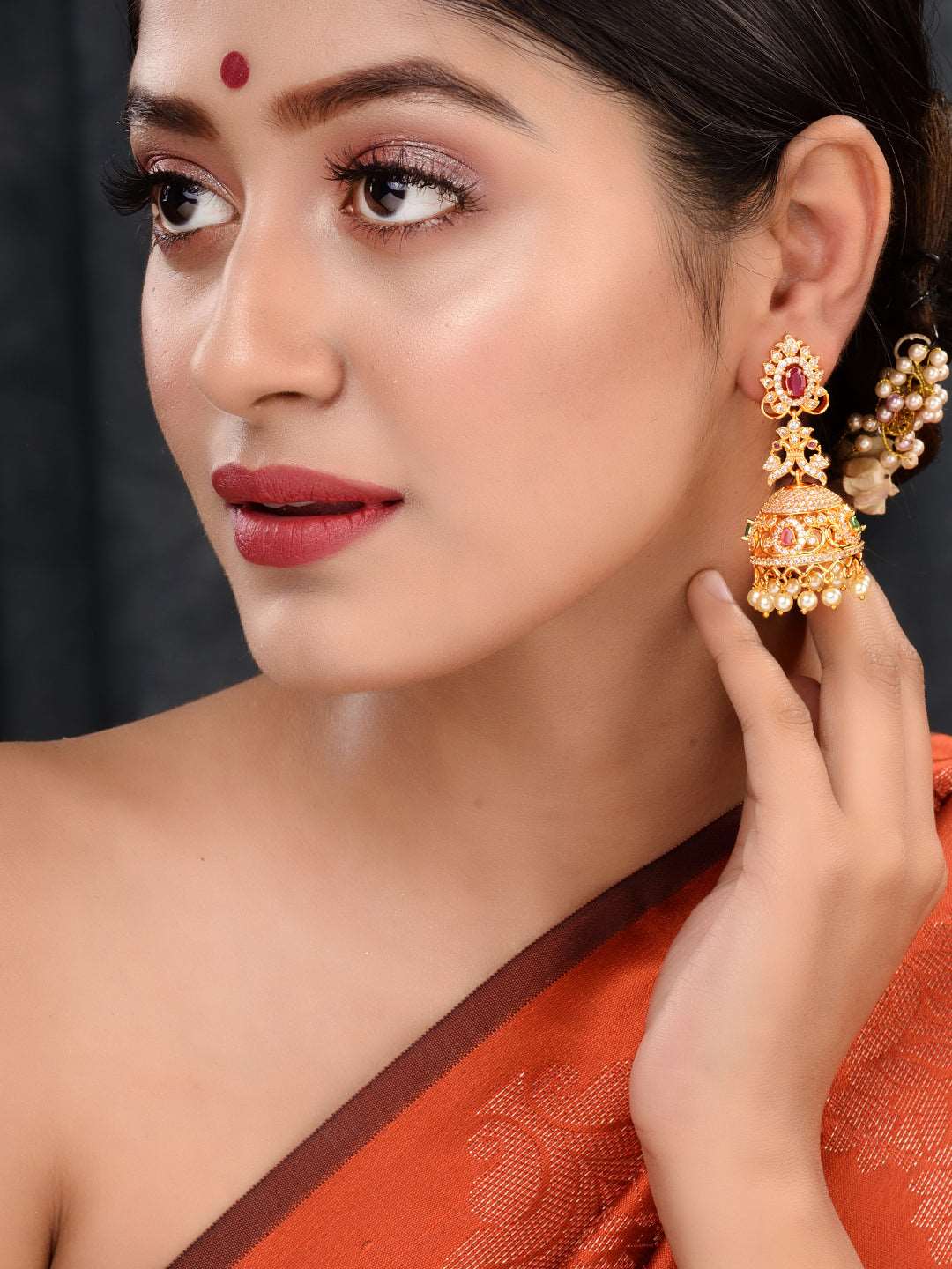 Gold Plated Multi stone studded Jhumka Earrings, zaveri pearls, sale price rs, sale price, sale gold plated, sale gold, sale, rubans, ring, regular price, priyassi jewellery, kushal's - Saraf