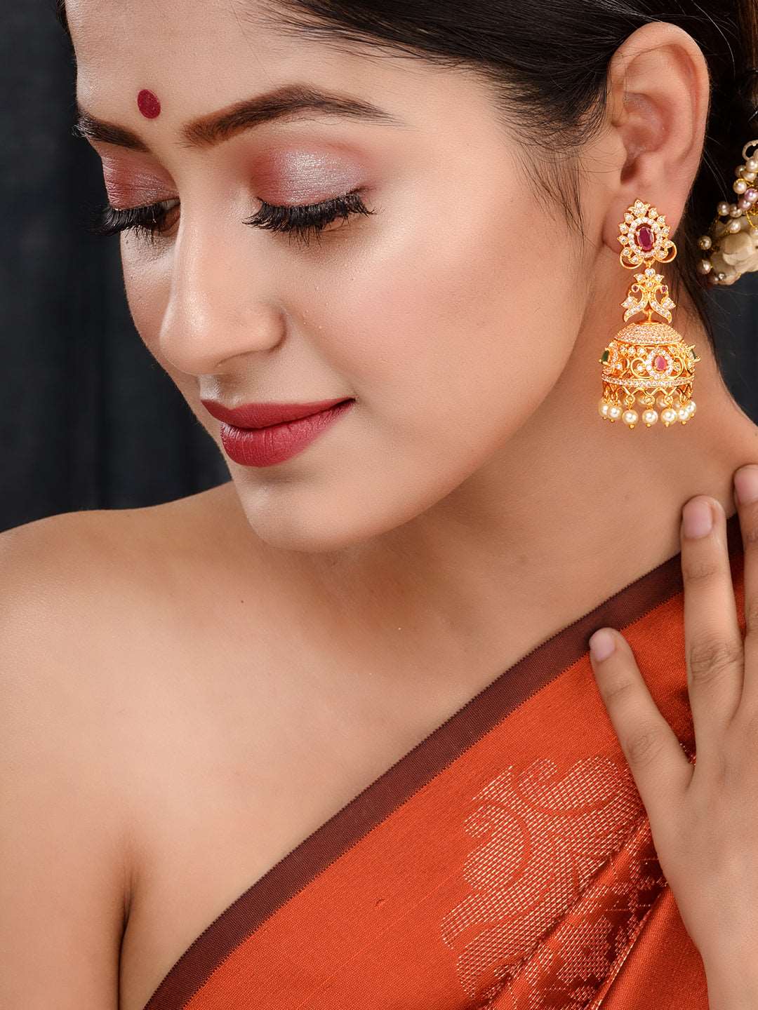 Gold Plated Multi stone studded Jhumka Earrings, zaveri pearls, sale price rs, sale price, sale gold plated, sale gold, sale, rubans, ring, regular price, priyassi jewellery, kushal's - Saraf