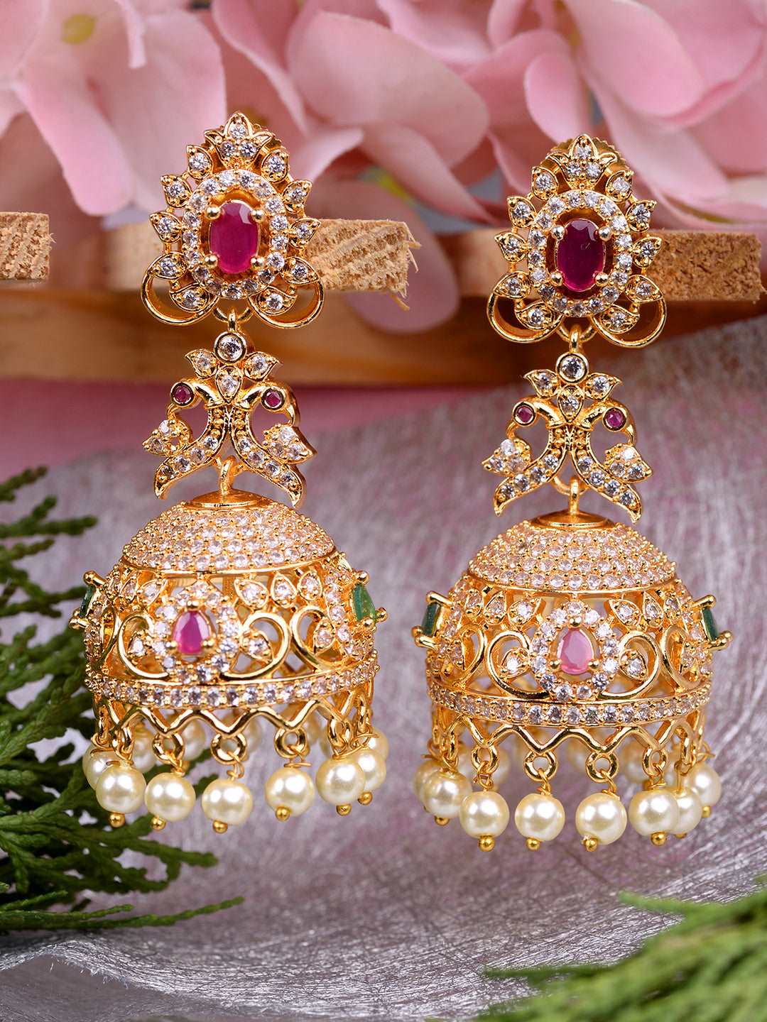 Gold Plated Multi stone studded Jhumka Earrings, zaveri pearls, sale price rs, sale price, sale gold plated, sale gold, sale, rubans, ring, regular price, priyassi jewellery, kushal's - Saraf